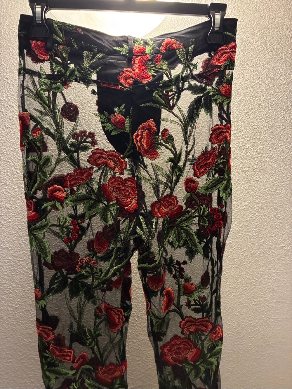 Beginning Boutique Black Sheer lace front Pants with Red Floral Embroidery Small - Picture 5 of 10